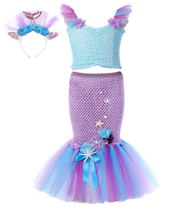 Costume da Sirena in 2 Pezzi, Top con Paillettes e Tulle, Outfit per Bambini per Feste di Compleanno e Cosplay, Costume da Piccola Sirena con Fascia per Capelli - Product Image 3