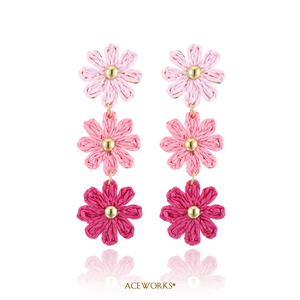 Raffia Daisy Drop Earrings | Stainless Steel 18K PVD Gold Plated Boho <b>Braided</b> Tiered Flower Design Zircon | Waterproof Tarnish - Product Image 6