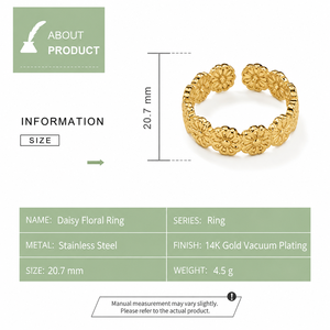 แหวนสแตนเลสลายดอกเดซี่ ปรับขนาดได้ ชุบทอง 14K แบบสุญญากาศ ดีไซน์ฉลุลาย สีทองและสีเงิน - Product Image 5
