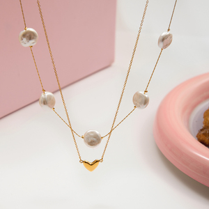 J & D 18K placa de oro collar de acero inoxidable elegante collar de perlas de cristal elegante collar con colgante de corazón - Product Image 5