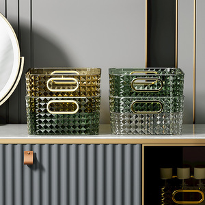 Caja de Almacenamiento de Cosméticos de Lujo, Transparente, Dorado Ámbar, 1L, Diseño de Rejilla, Organizador de Escritorio para Hogar, Dormitorio, Cocina - Product Image 1
