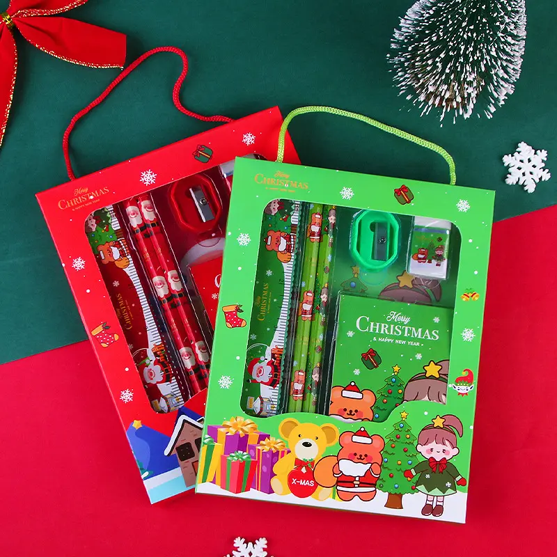 Dl22310 6-pcs/Set Kerst Draagbare Basisschool Briefpapier Geschenkdoos Set Kinderen Kerst Leren Cadeau Award