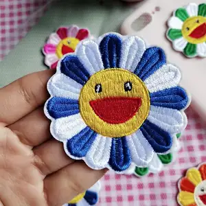 Wholesale Multicolor Laughing Sun Flower Embroidery Stick On Patch For Phone Case Designs Self-Adhesive Patch