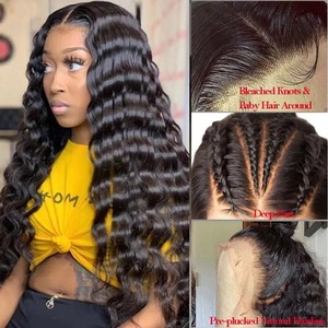 Glueless Brazilian <b>Deep</b> <b>Wave</b> Human Virgin Hair HD for Lace Front <b>Wig</b> 200% Density Short Length Highlights Color - Product Image 3