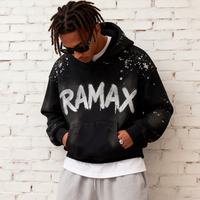 Sweat à capuche surdimensionné RAMAX noir et vert effet éclaboussures de peinture, style streetwear urbain décontracté, vente en gros, fournisseur d'usine