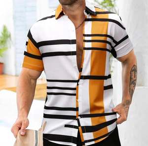 Hommes nouveau été Style hawaïen bouton court décontracté rayé Anti-rides tricoté respirant à manches courtes chemise de plage unique - Product Image 3