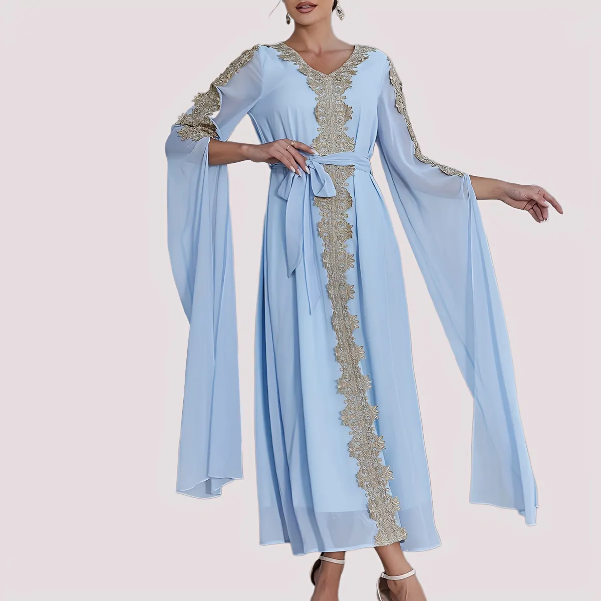 Autumn Muslim Ladies Wholesale V Neck Tie Waist Temperament Elegant Dress Stitching Super Long Sleeve Lace Women Vintage Natural