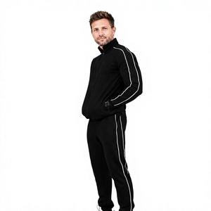 Ensemble de survêtement noir pour homme, col à capuche, vêtements de sport décontractés, bandes blanches sur les côtés, poches latérales, coupe régulière, vêtements d'hiver respirants - Product Image 1