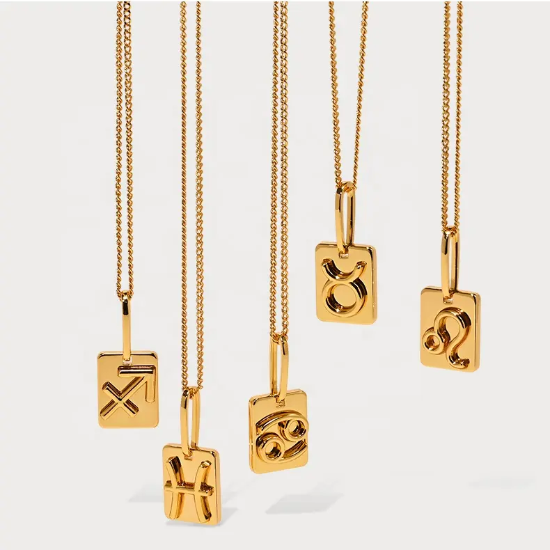 New Manufacture Custom Fashion Jewelry Design Brass-plated 24k Gold Aries Square Pendant Necklace