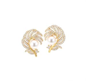 Orecchini a Forma di Piuma Placcati Oro con Cristalli, Strass e Perle, Gioielli Classici da Sposa per Donne - Product Image 1
