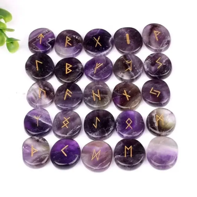 Engraved Amethyst Tumbled Stones Rune Set Wholesale Best Quality 25 Pieces Carving Rune Stone Set Engraved Gemstone