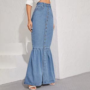 Jupe longue en jean personnalisée à boutons, coupe sirène avec ourlet à volants, pour femme, collection automne - Product Image 2