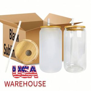 Gobelet à sublimation vierge 16 oz pour soda et café, en verre dépoli transparent, format canette de bière, avec couvercle en bambou et paille, entrepôt USA - Product Image 1