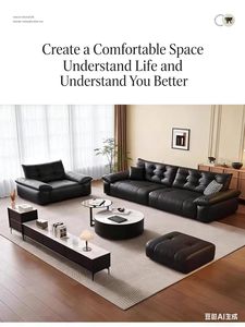 Canapé en cuir véritable capitonné et inclinable de style classique moderne - Taille personnalisable, sectionnel multiplace pour appartement et villa - Product Image 3