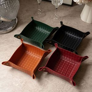 Multi-Use Woven Leather Classic Square Jewelry Organizer Makeup <b>Storage</b> Box Portable <b>Dressing</b> <b>Table</b> Earrings Rings Keys Tray - Product Image 3