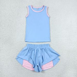 GSSO3527 rts Conjunto de yoga sin mangas para niña, estampado azul sólido, para verano, venta al por mayor - Product Image 2