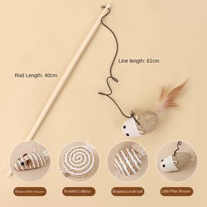 Baumwoll-Leinen Spiralförmiger Handgefertigter Katzenstab Langer Interaktiver Glocken- und Federspielzeug für Katzen - Product Image 4