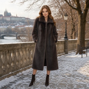 <span class=keywords><strong>Cappotto</strong></span> Invernale Classico di Lusso con Collo Largo, Lungo, <span class=keywords><strong>Marrone</strong></span> <span class=keywords><strong>Scuro</strong></span>, in Finta Pelliccia di Visone, Antivento - Product Image 1