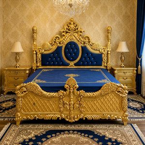 Juego de Cama Azul con Mechones Estilo Rococó Real, Muebles de Dormitorio Rococó de Madera Tallada a Mano en Oro Antiguo con Mesitas de Noche, Australia - Product Image 1