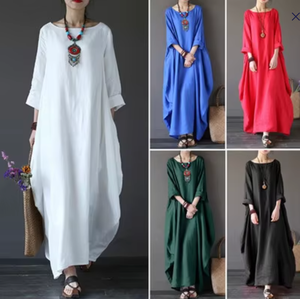 Abito Lungo da Donna Liu Ming OEM ODM in Cotone e Lino, Stile Vintage, Casual, Maniche Lunghe, Collo Tondo, Taglie Grandi - Product Image 1