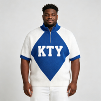 Pull en tricot bleu pour homme Odm Oem, motif géométrique simple, blocs de couleur, broderie, demi-zip
