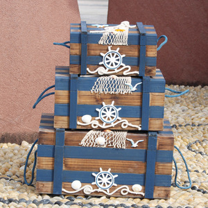 Mediterranean Style Distressed Wood Storage <b>Box</b> 3-Piece Set Blue White Rectangle <b>Pine</b> Toy Organizer Living Room Decor - Product Image 1