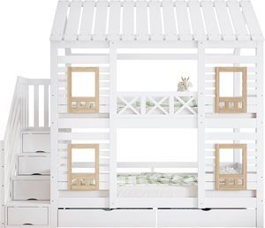 90 X 200 cm Double <strong>Bed</strong> Slatted Frame <strong>Pine</strong> + MDF Kids' Cabin <strong>Bed</strong> <strong>Bed</strong> 2 Drawers 4 Windows Storage Ladder Fall Protection Bedroom - Product Image 3