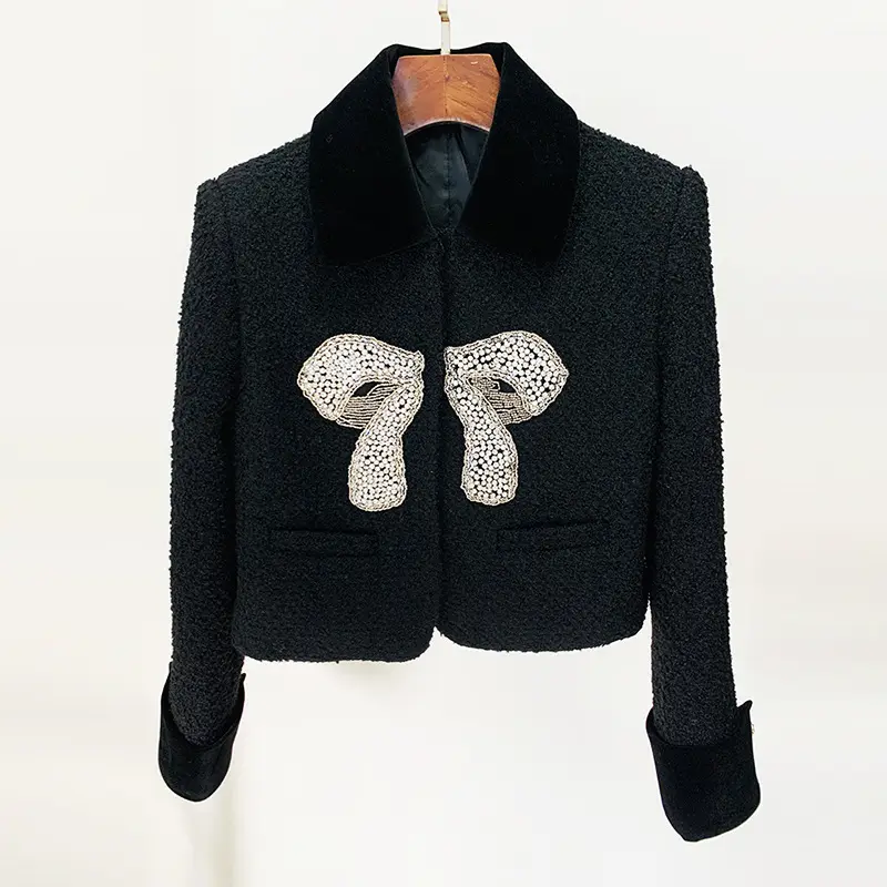 Jaket wanita terbaru musim dingin, mantel wanita jaket pendek pita manik-manik bergaya Vintage, pakaian luar ruangan trendi untuk wanita