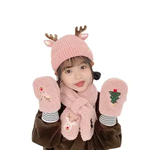 Зимняя детская шапка шарф перчатки Набор для девочек Рождественские милые оленьи шерстяные шапочки комплект теплые плюс толстые бархатные варежки шарф 3 шт. наборы