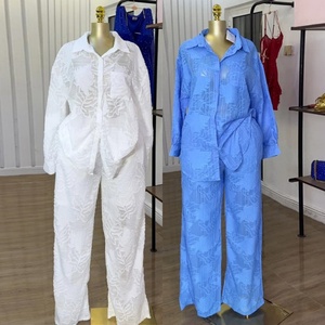 Latest Design Women's Solid Casual 2025 Summer New Sweet Fresh Lapel Pocket Long Sleeve Shirt High Waist Straight <b>Pants</b> - Product Image 1