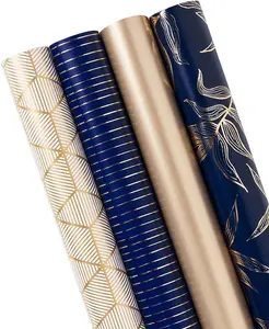 Rollo de papel de regalo impreso personalizado con líneas de corte, fabricante de papel de regalo, rollo de papel de regalo y pulpa de madera de oro marino