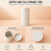 Boîtes à café et thé en fer blanc à double couvercle hermétique, cylindriques hautes, blanches mates et noires, pour usage industriel, avec compte-gouttes alimentaire et opercule scellé.
