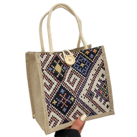Sac à déjeuner portable en toile de lin ethnique classique pour femme, collection été 2024, fermeture ouverte, capacité 2-2,9 L, doublure polyester, tendance