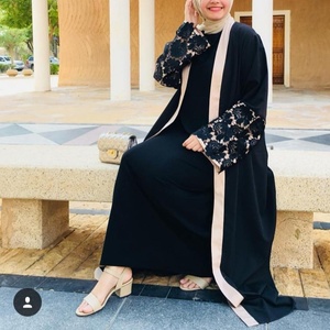 Dark Black Match Beige Hot Sell Muslim Women Open Abaya With Floral Lace Middle East Long Robe <b>Cardigan</b> for Ramadan 1502# - Product Image 2