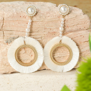 Pearl <b>Tassel</b> Drop <b>Earrings</b> White Round Pearl Zinc Alloy Bezel Setting Women's Everyday Wear 2024 - Product Image 1