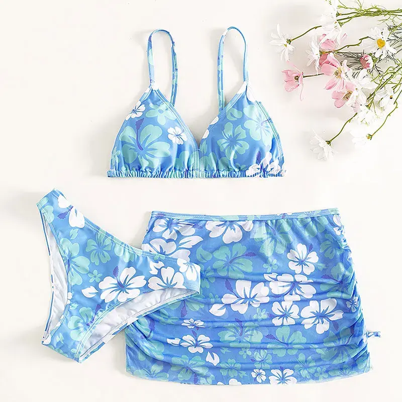 Girls Bikini Sets Summer Swimsuit for Girls 3pcs/set Children Beach Swimsuits Holiday Flower Teeanger Bath Clothes