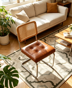 Midcentury Modern Leather <b>Chair</b> With Cane <b>Back</b> Metal Legs Tufted Seat Living Room Furniture - Product Image 1