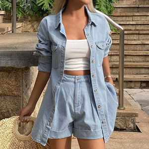 Channel Chic 2026 Completi <span class=keywords><strong>Donna</strong></span> Primavera Estate in Denim 2 Pezzi: Camicie a Maniche Lunghe con <span class=keywords><strong>Bottoni</strong></span> e Shorts Coordinati - Outfit per Vacanze - Product Image 1
