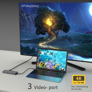 Station d'accueil Type-C 12-en-1 avec prise en charge de 2.0 et DP 4K60Hz, support pour 3 moniteurs, hub de charge USB 3.0, en aluminium, en stock - Product Image 5