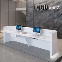 Comptoir de réception de bureau moderne en fibre de verre Corian, blanc, avec éclairage LED et bambou