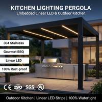 Pérgola Moderna Motorizada con Persianas Ajustables, Luces LED Integradas y Cocina Exterior para Comedor en Patio Trasero Residencial o Balcón