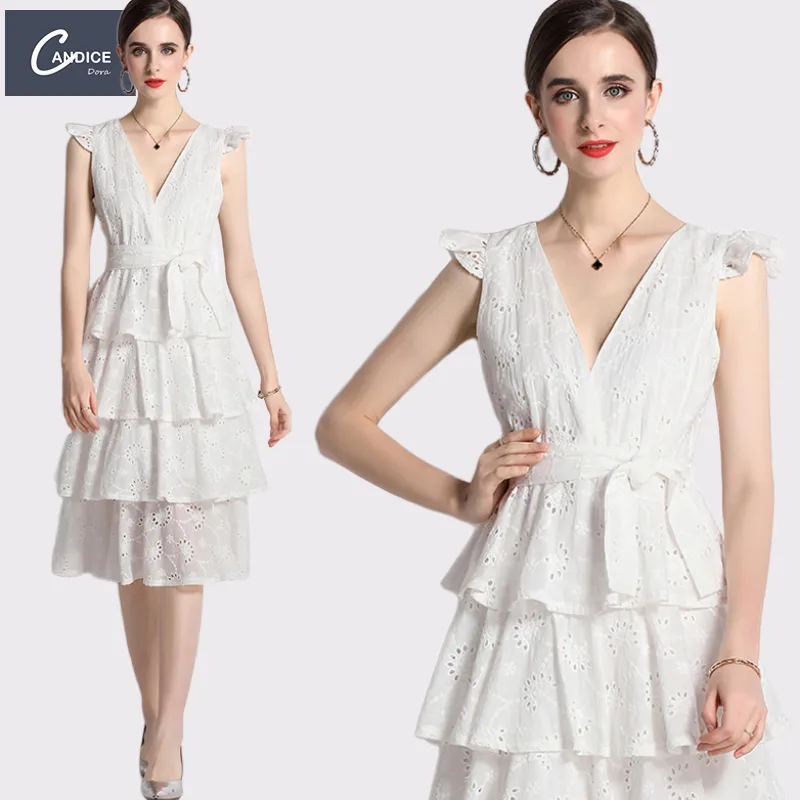 Candice new arrival v-neck cascading sleeveless hollow out ruffles summer white dresses for woman elegant 2023