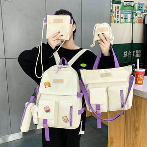 Cross-border New Female College <b>Student</b> <b>Backpack</b> Five-piece Set Korean-style Contrast Canvas Zipper 20-36L Capacity Campus - Product Image 3