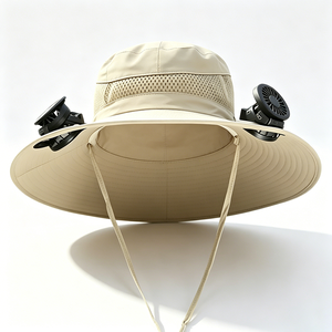 UPF50+ Wide Brim Canvas Sun Hat 2 Rechargeable Cooling <b>Fans</b> Mesh Breathable Windproof Chin Strap UV Protection Unisex Hat - Product Image 5