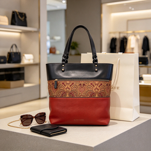 Sac fourre-tout pour femme à blocs de couleur, sac à main de travail vintage en cuir PU avec empiècements jacquard, grande capacité - Product Image 5
