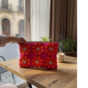 Pochette de maquillage tricotée à la main en crochet 3D motif marguerite, sac à main carré Granny Square floral fait main, grande pochette zippée - Product Image 3