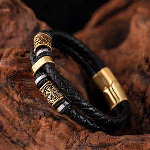 Pulsera de acero inoxidable vikingo nórdico para <span class=keywords><strong>hombre</strong></span>, diseño trenzado de doble capa chapado en oro, cierre magnético, banda de cuero, regalo de joyería - Product Image 2