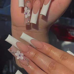 24 <span class=keywords><strong>Uñas</strong></span> Postizas con Pegamento, Diseño Floral, Largas, Estilo Ataúd, Francesas, Cobertura Completa - Product Image 3