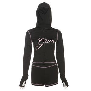 Estivo donna leopardata Set 2 pezzi <span class=keywords><strong>tuta</strong></span> primavera da donna Athleisure Top corto con cappuccio + <span class=keywords><strong>pantaloni</strong></span> corti elasticizzati abbinati - Product Image 4