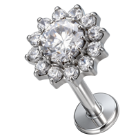 Perhiasan tindik titanium ASTM F136 G23 kualitas implan, model Sun Halo Halo-Set Round CZ untuk tulang rawan, tragus, helix, labret, dilapisi emas PVD.